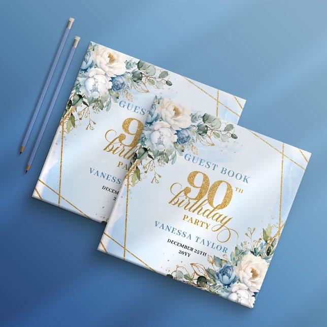 Livro De Visitas Dusty Blue Flowers Elegant Script 90th Birthday  (Dusty Blue Flowers Elegant Script 90th Birthday Guest Book

)