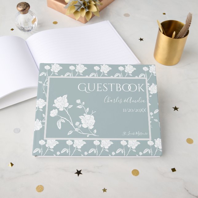 Livro De Visitas Dusty Blue Rose Wedding Guest Book (Frente aberta)