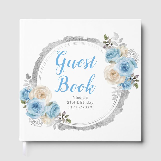 Livro De Visitas Dusty Blue Silver Elegant Flowers Birthday Party (Frente)