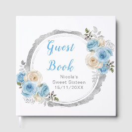 Livro De Visitas Dusty Blue Silver Elegant Flowers Sweet Sixteen