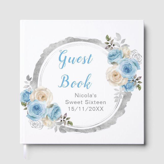 Livro De Visitas Dusty Blue Silver Elegant Flowers Sweet Sixteen (Frente)