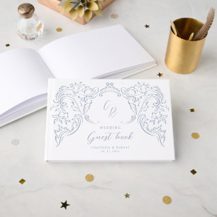 Livro De Visitas Dusty Blue Vintage Casamento de Monograma Flourish