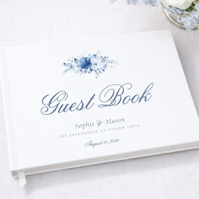Livro De Visitas Dusty Blue Watercolor Floral Wedding (Criador carregado)