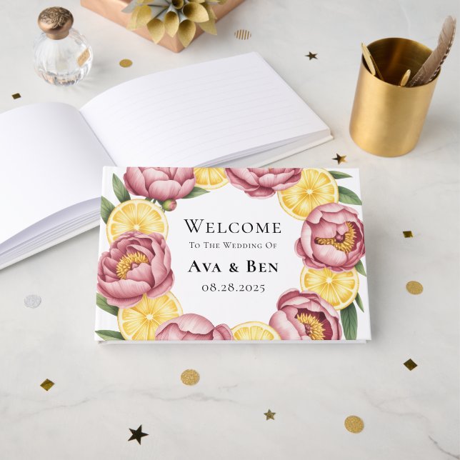 Livro De Visitas Dusty Pink Peonies e Lemon Weds (Frente aberta)