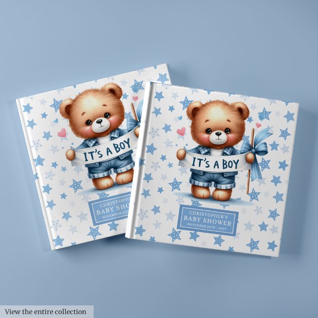 Livro De Visitas É um garoto, ursinho de hóspedes. (Playful It’s a boy teddy bear guest book keepsake gift)