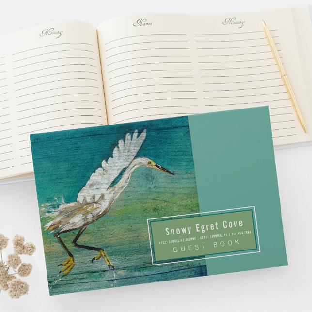 Livro De Visitas Egret Beach House Férias Rental Guest Book (Gorgeous Egret Shorebird On Water Art Guest Book from Jenn's Emporium. )