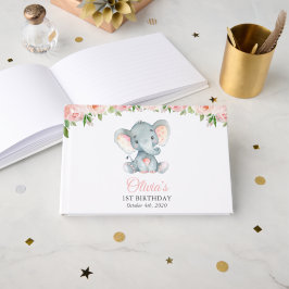 Livro De Visitas Elefante, Flores de Aquarela Rosa, Primeiro Aniver