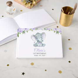 Livro De Visitas Elefante Fofo, Flores Roxas, Primeiro Aniversário