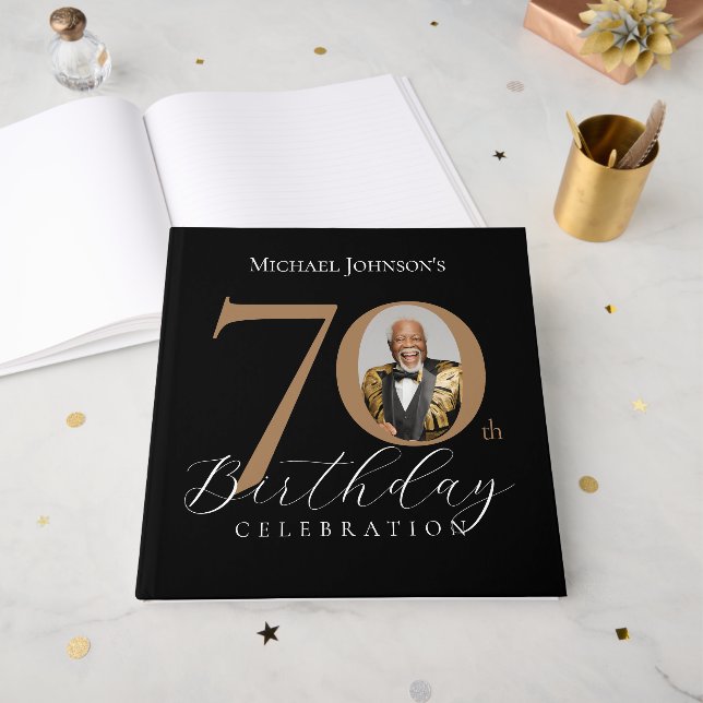 Livro De Visitas Elegant Black and Gold 70th Birthday (Frente aberta)