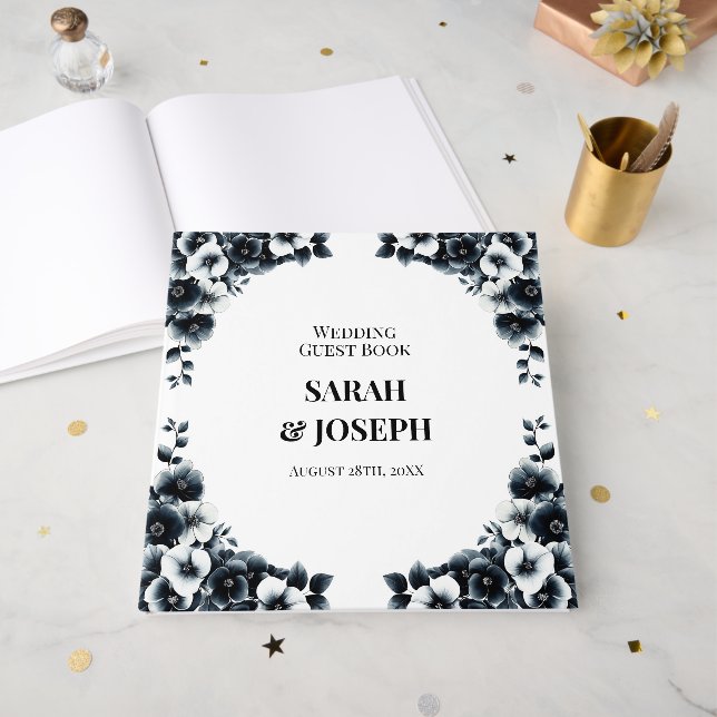 Livro De Visitas Elegant Black and White Floral Wedding (Frente aberta)