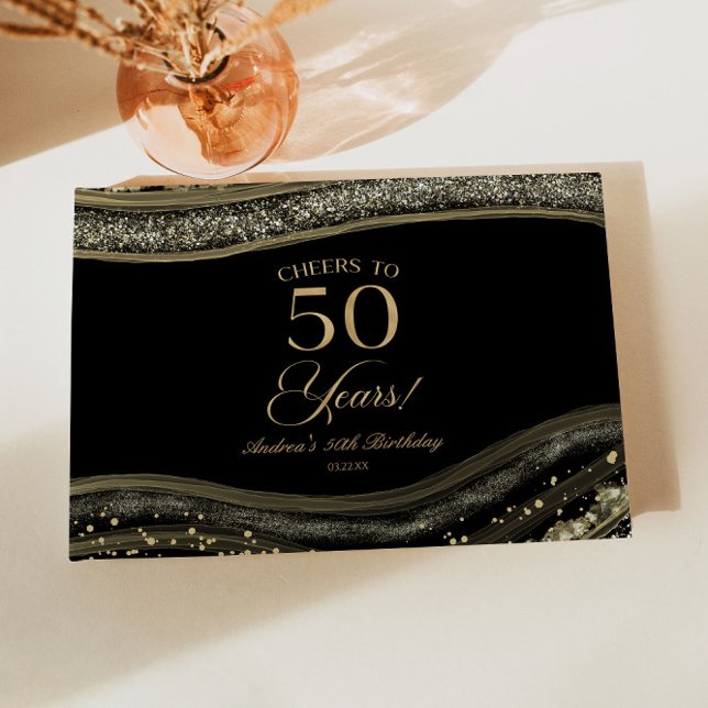 Livro De Visitas Elegant Black Gold Agate 50th Birthday Party (Criador carregado)