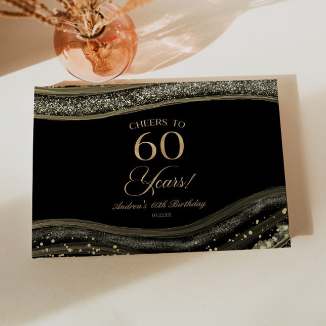Livro De Visitas Elegant Black Gold Agate 60th Birthday Party (Criador carregado)