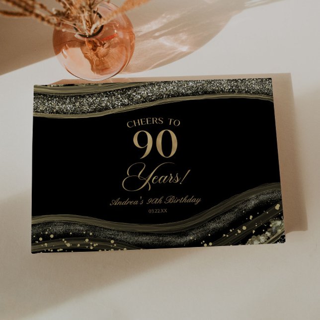 Livro De Visitas Elegant Black Gold Agate 90th Birthday Party (Criador carregado)