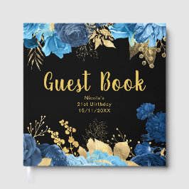 Livro De Visitas Elegant Blue and Gold Flowers Birthday Party