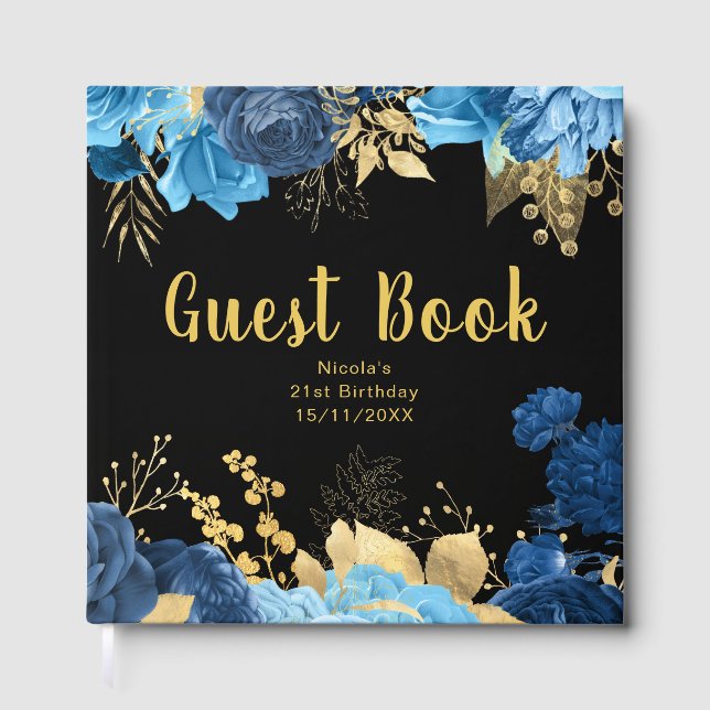 Livro De Visitas Elegant Blue and Gold Flowers Birthday Party (Frente)
