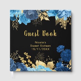 Livro De Visitas Elegant Blue and Gold Flowers Sweet Sixteen