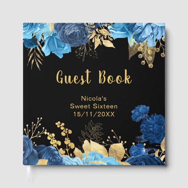 Livro De Visitas Elegant Blue and Gold Flowers Sweet Sixteen (Frente)