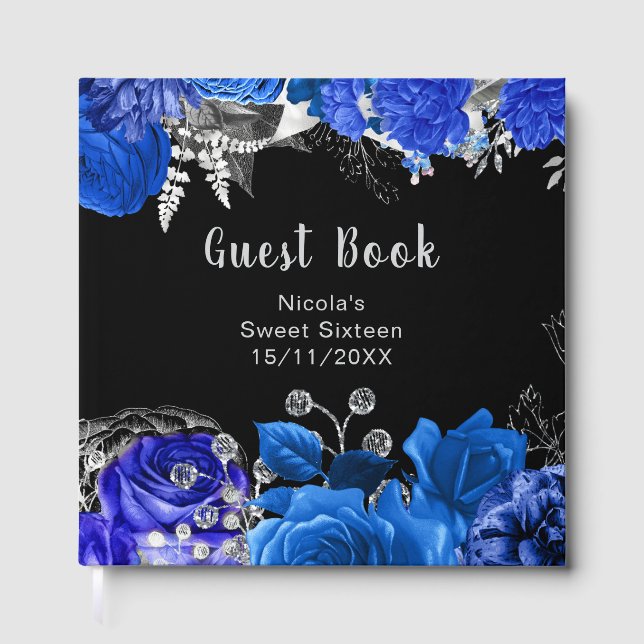 Livro De Visitas Elegant Blue and Silver Flowers Sweet Sixteen (Frente)