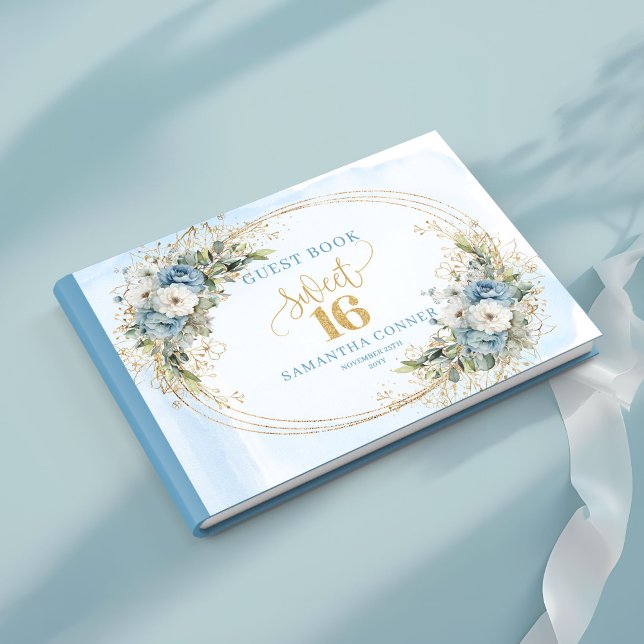 Livro De Visitas Elegant Dusty Blue Floral Sweet Sixteen Guest Book (dusty blue flowers sweet sixteen,
eucalyptus greenery foliage guestbook,
wreath 16th birthday guest )