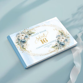 Livro De Visitas Elegant Dusty Blue Gold Greenery Sweet Sixteen 