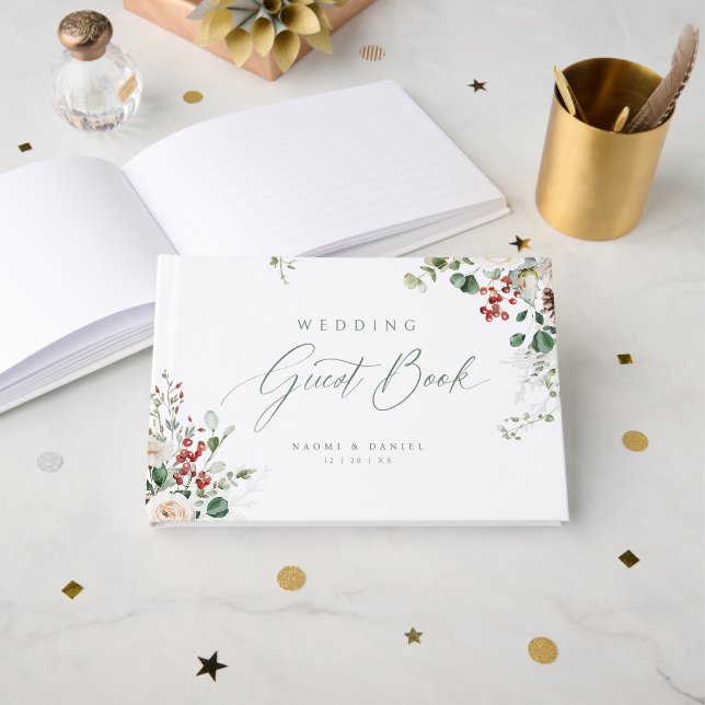 Livro De Visitas Elegant Festive Floral Holiday Winter Wedding (Frente aberta)
