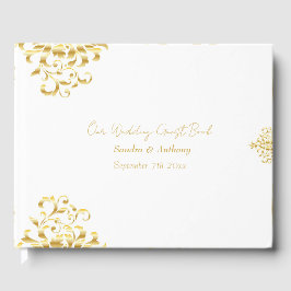 Livro De Visitas Elegant Gold and White Damask Wedding Guest Book
