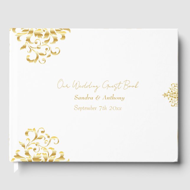 Livro De Visitas Elegant Gold and White Damask Wedding Guest Book (Frente)