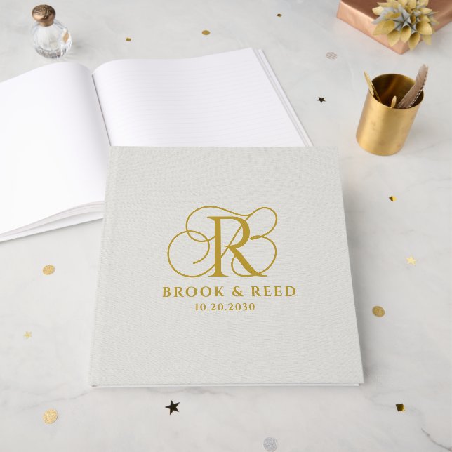 Livro De Visitas Elegant Gold Wedding Monogram (Frente aberta)
