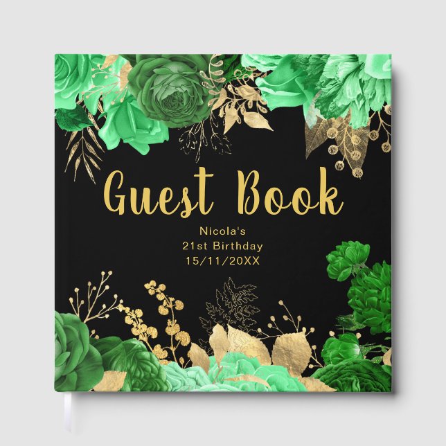 Livro De Visitas Elegant Green and Gold Flowers Birthday Party (Frente)