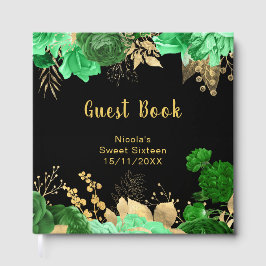 Livro De Visitas Elegant Green and Gold Flowers Sweet Sixteen