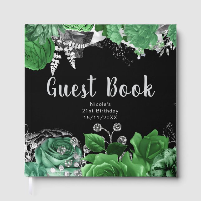 Livro De Visitas Elegant Green and Silver Flowers Birthday Party (Frente)