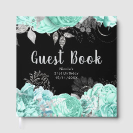 Livro De Visitas Elegant Green and Silver Flowers Birthday Party