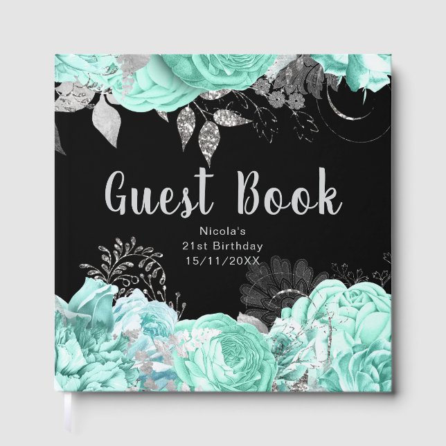 Livro De Visitas Elegant Green and Silver Flowers Birthday Party (Frente)