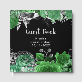 Livro De Visitas Elegant Green and Silver Flowers Sweet Sixteen 