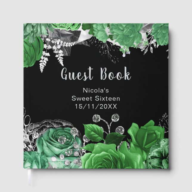 Livro De Visitas Elegant Green and Silver Flowers Sweet Sixteen  (Frente)