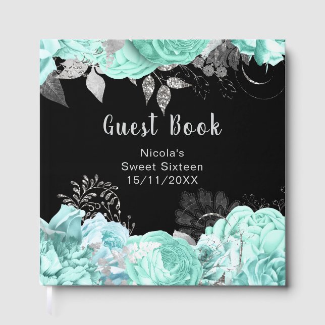 Livro De Visitas Elegant Green and Silver Flowers Sweet Sixteen (Frente)