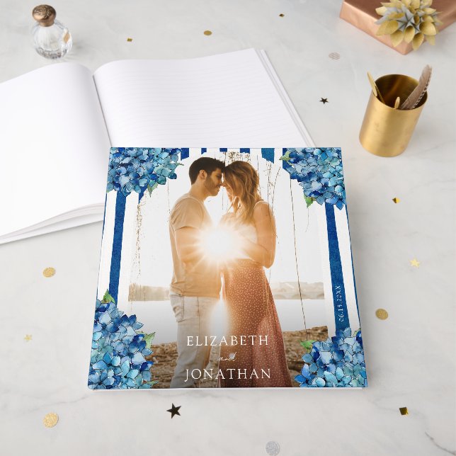 Livro De Visitas Elegant Modern Blue Hydrangea Floral Photo Wedding (Frente aberta)