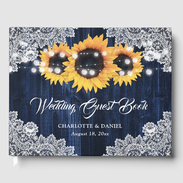 Livro De Visitas Elegant Navy Blue Wood Lace Sunflower Wedding (Frente)