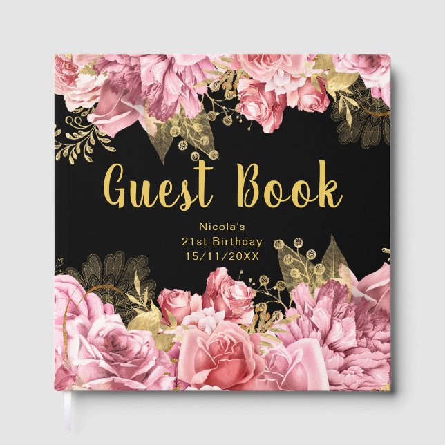 Livro De Visitas Elegant Pink and Gold Flowers Birthday Party (Frente)