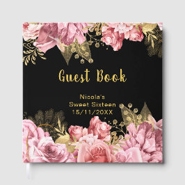 Livro De Visitas Elegant Pink and Gold Flowers Sweet Sixteen