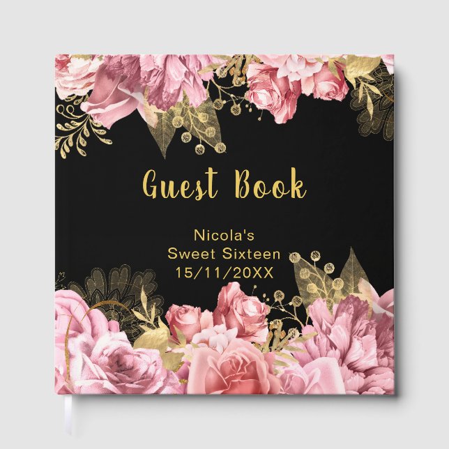 Livro De Visitas Elegant Pink and Gold Flowers Sweet Sixteen (Frente)