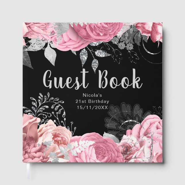 Livro De Visitas Elegant Pink and Silver Flowers Birthday Party (Frente)