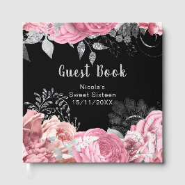 Livro De Visitas Elegant Pink and Silver Flowers Sweet Sixteen