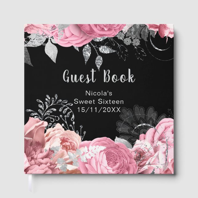 Livro De Visitas Elegant Pink and Silver Flowers Sweet Sixteen (Frente)