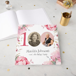 Livro De Visitas Elegant Pink Floral Photo 100th Birthday