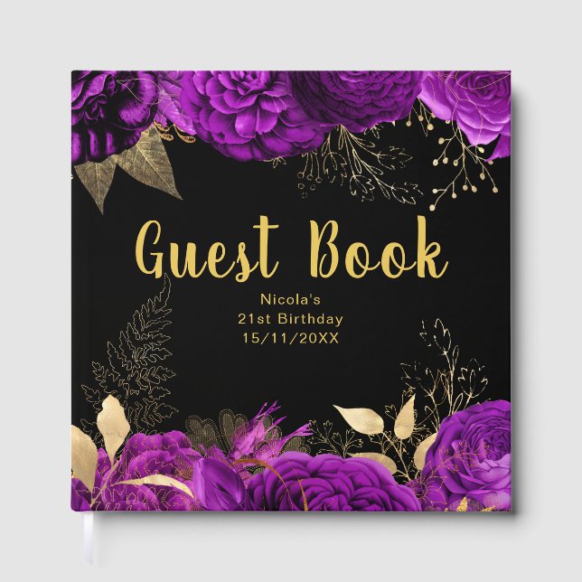 Livro De Visitas Elegant Purple and Gold Flowers Birthday Party (Frente)