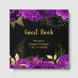 Livro De Visitas Elegant Purple and Gold Flowers Sweet Sixteen