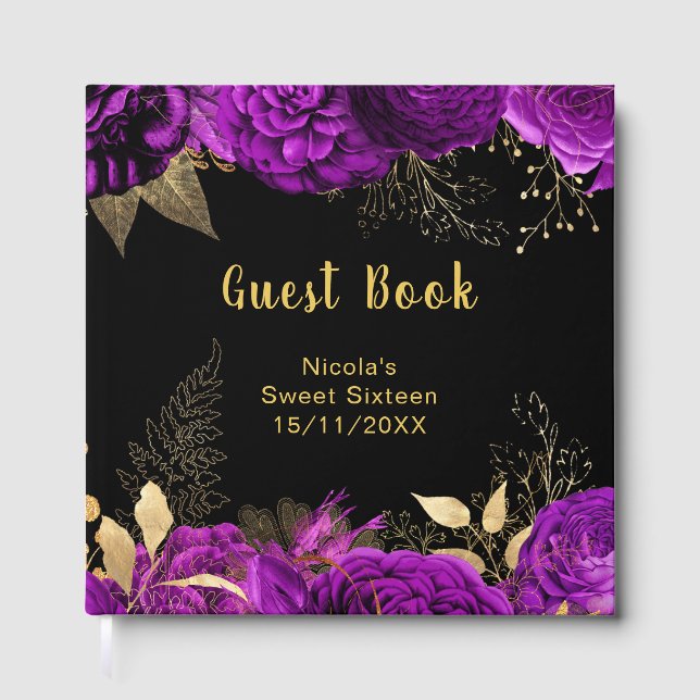 Livro De Visitas Elegant Purple and Gold Flowers Sweet Sixteen (Frente)