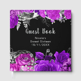 Livro De Visitas Elegant Purple and Silver Flowers Sweet Sixteen