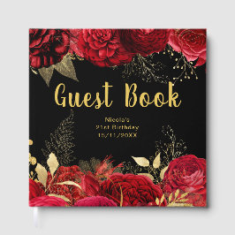 Livro De Visitas Elegant Red and Gold Flowers Birthday Party
